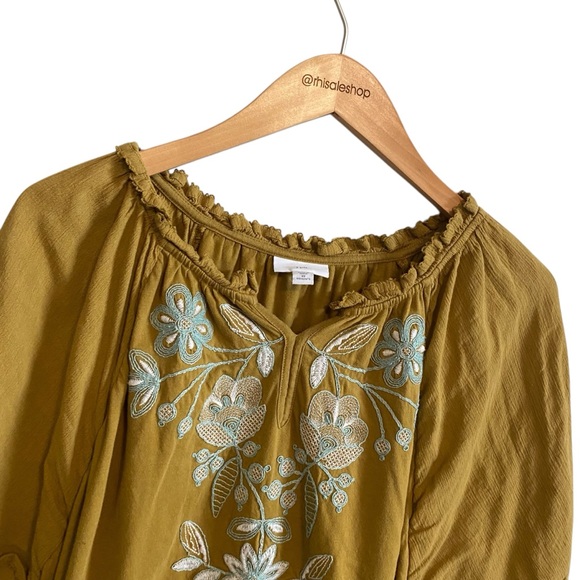 J.Jill Chartreuse Green Yellow Embroidered Bohemian Short Sleeve Top Size 2X - Picture 2 of 5